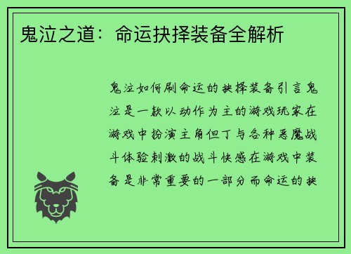 鬼泣之道：命运抉择装备全解析